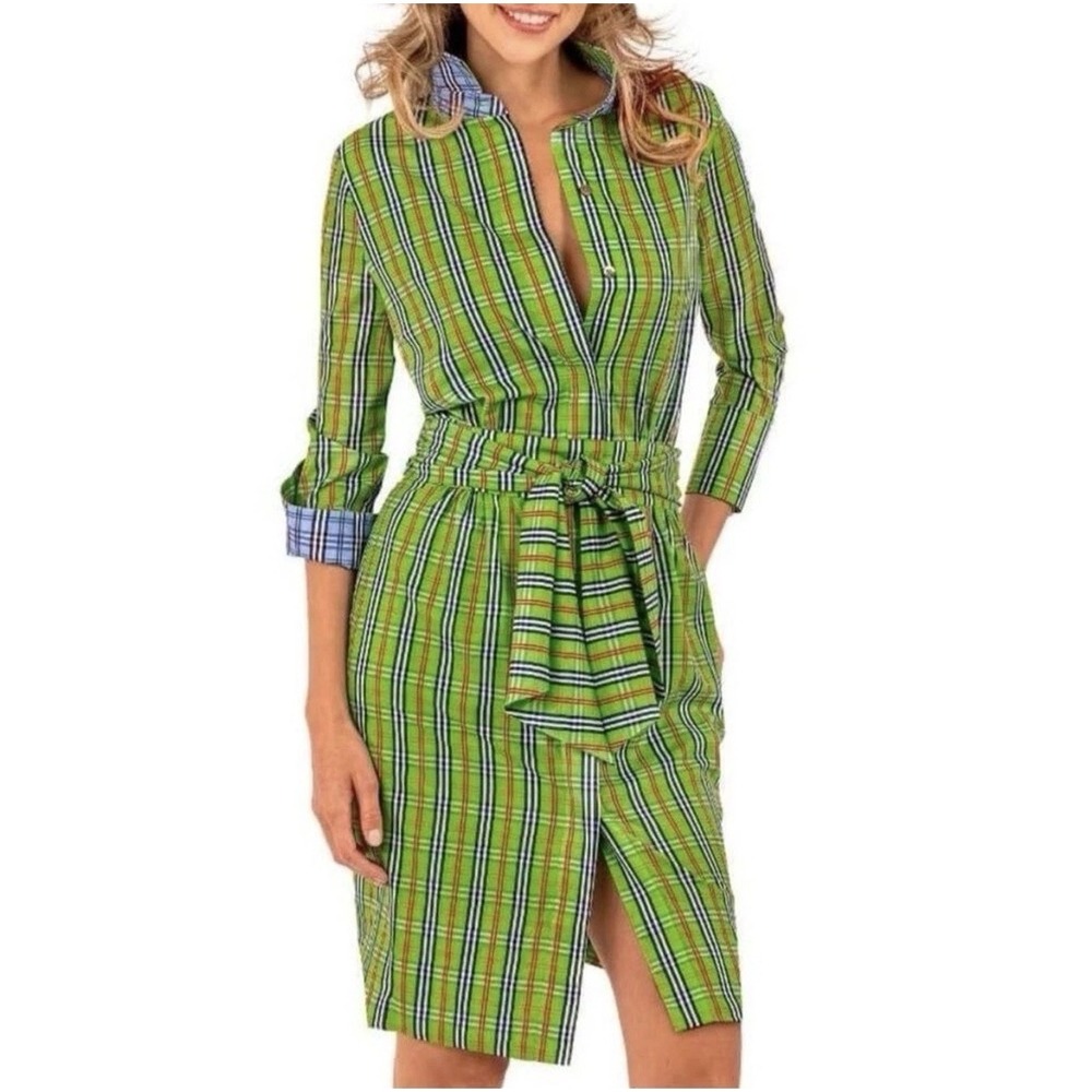 Gretchen Scott NWT Designs Breezy Belted Blouson Dress Sunshine Plaid Green XL